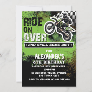 Invitación Niño de Moto de Cross Verde 2do 3ro 4to 6to 7mo 8v