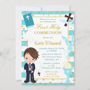 Invitación Niño de pelo castaño con rayas azules Primera Comu
