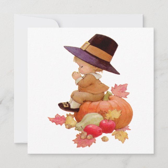 Invitación Niño de peregrino vintage rezando en calabaza (Anverso)