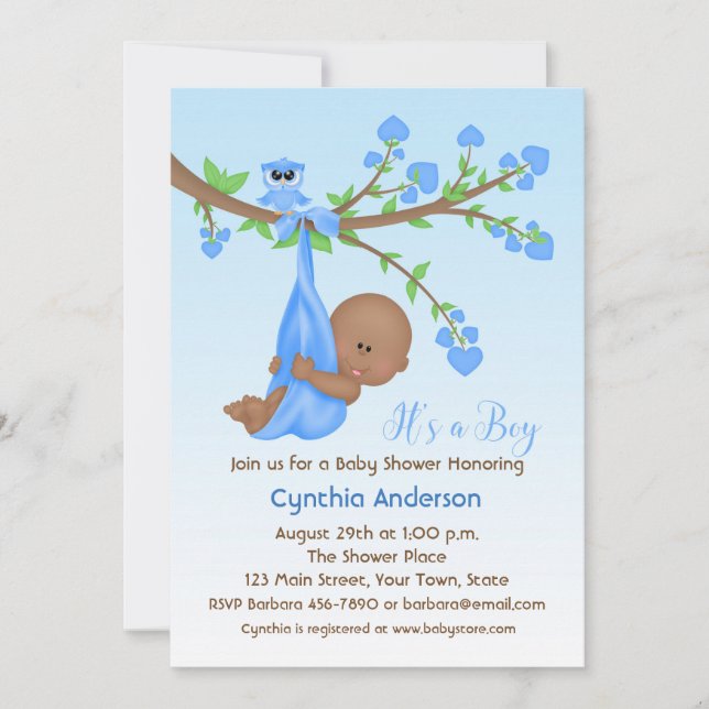 Invitación Niño de piel oscura en árbol, Baby Shower (Anverso)