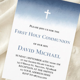 Invitación niño de primera comunión acuarela azul