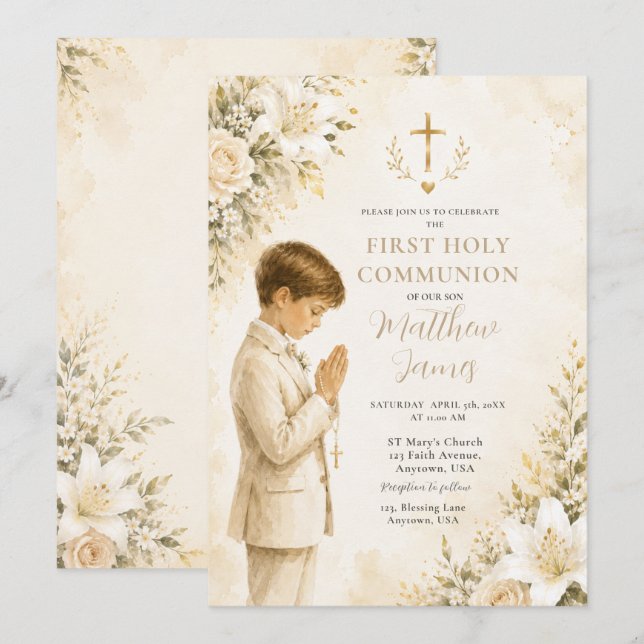 Invitación Niño de Primera Comunión Floral (Anverso / Reverso)
