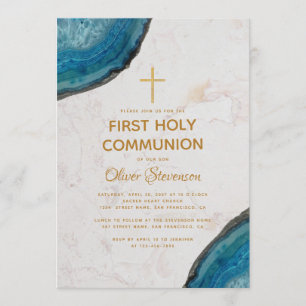 Invitación Niño de Primera Comunión Geoda Azul Mármol Cruz Do
