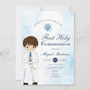 Invitación Niño de Primera Comunión rezando Cruz de Plata Azu