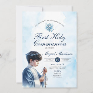 Invitación Niño de Primera Comunión rezando Cruz de Plata Azu