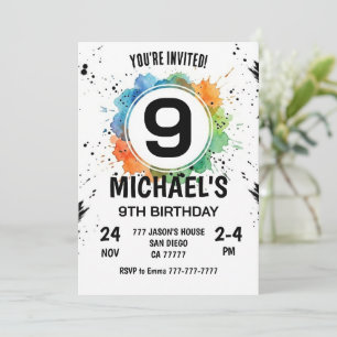 Invitación Niño de Salpicadura de Acuarela Cumpleaños 9
