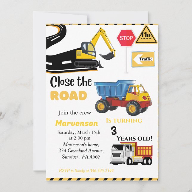 Invitación Niño del tema de la construcción Fiesta de cumplea (Anverso)