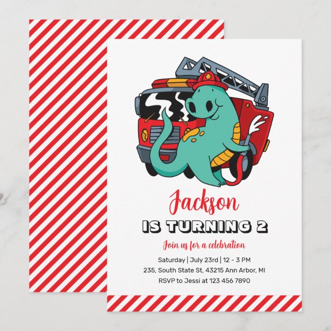 Invitación Niño Dino cumpleaños de un bombero de dinosaurio (Anverso / Reverso)