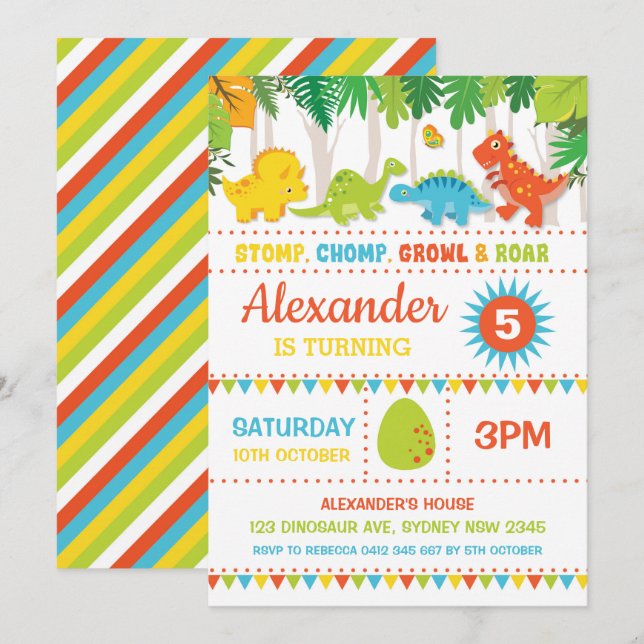 Invitación Niño Dinosaurio Nacido Roar Fiesta Dino-Mite (Anverso / Reverso)