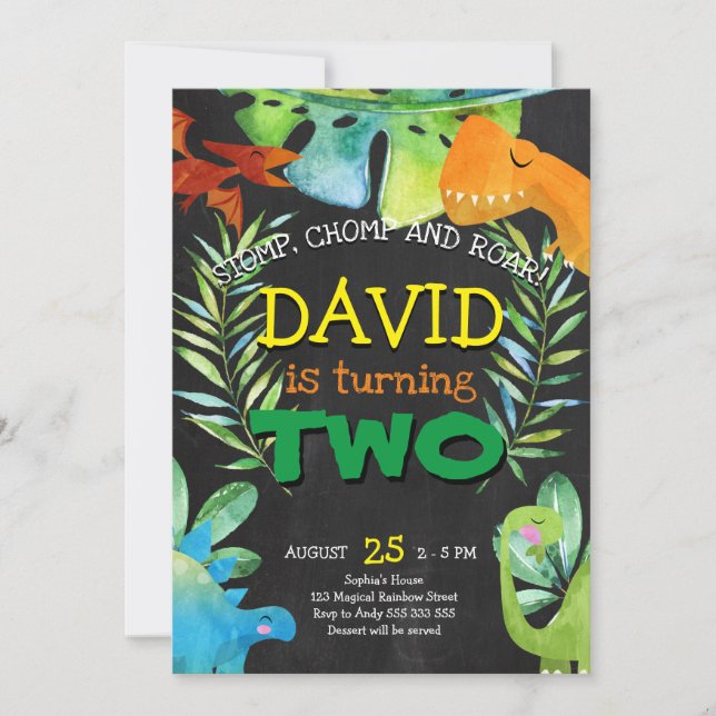 Invitación Niño Dinosaurio segundo cumpleaños niño Dino Fiest (Anverso)