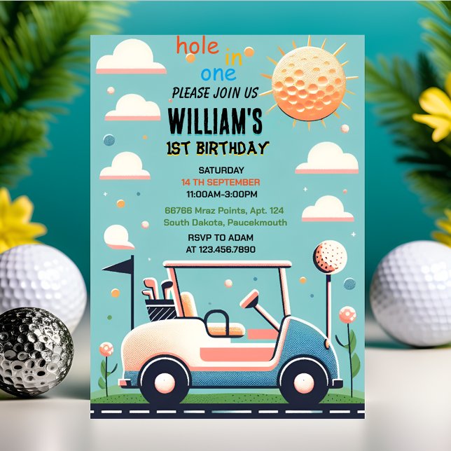 Invitación niño divertido lindo hoyo de golf en un primer cum (Subido por el creador)
