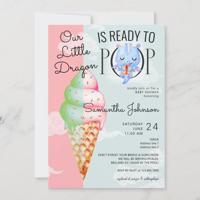 Invitación Niño Dragón listo para usar Baby Shower con crema  (Anverso)