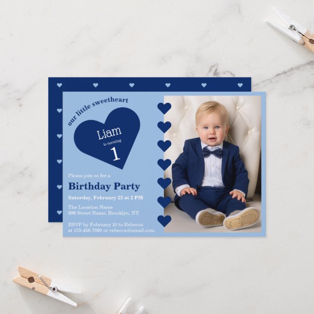 Invitación Niño Dulce Corazón Foto y Corazón Azul Cumpleaños (Anverso/Reverso In Situ)