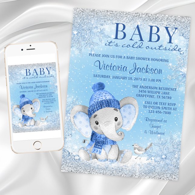 Invitación Niño elefante bebe frío fuera de Baby Shower (Boy winter wonderland baby shower invitation with cute winter elephant on a snowflake background.)