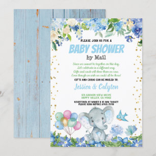 Invitación Niño elefante ducha por correo azul floral