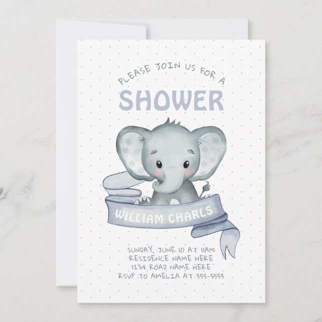 Invitación Niño elefante lindo azul blanco moderno simple (Anverso)