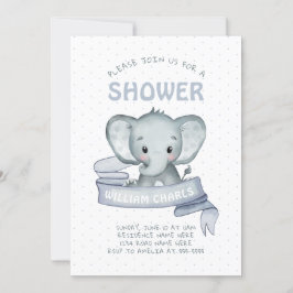 Invitación Niño elefante lindo azul blanco moderno simple