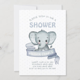 Invitación Niño elefante lindo azul blanco moderno simple