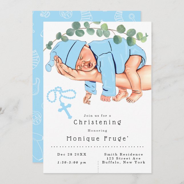 Invitación Niño en brazos de mamá Rosario Cristianismo (Anverso / Reverso)