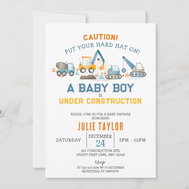 Invitación Niño en construcción, Baby Shower desordenado (Anverso)