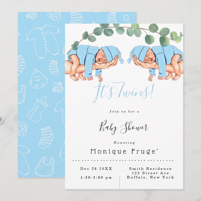 Invitación Niño en el brazo de mamá es Baby Shower gemelo (Anverso / Reverso)
