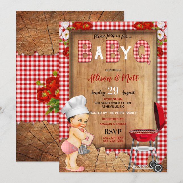 Invitación Niño en Vichy Rojo Flores de Madera Bebé Q Barbaco (Anverso / Reverso)