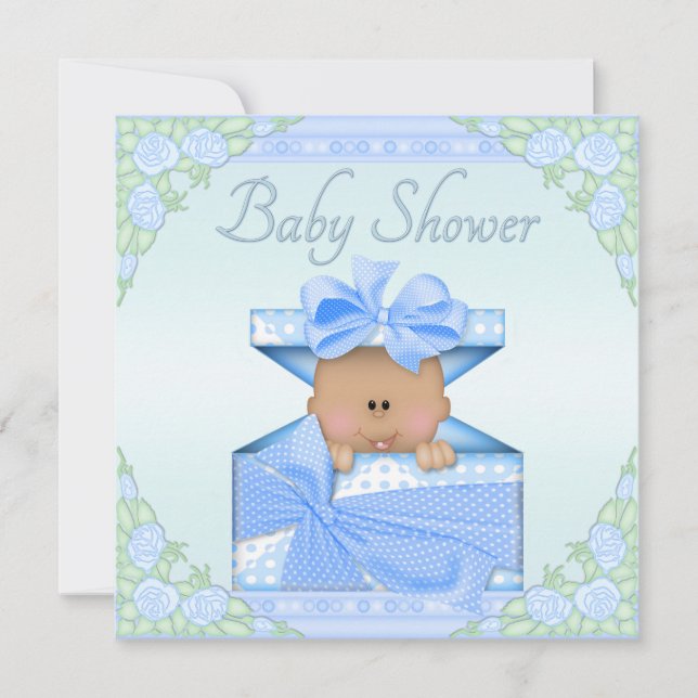 Invitación Niño étnico en caja de regalo y Rosas Baby Shower (Anverso)