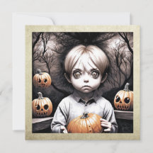 Niño extraño con ojos grandes y calabazas de Hallo