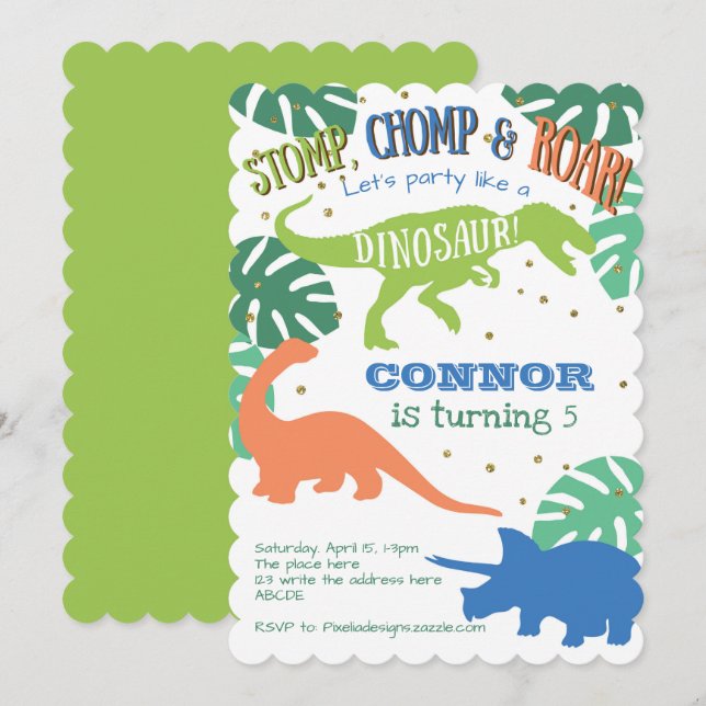 Invitación Niño Fiesta de dinosaurio, azul, verde, dinomita C (Anverso / Reverso)