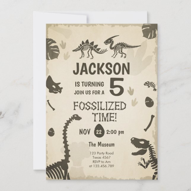 Invitación Niño Fiesta de dinosaurios Fossil Dino Dig Cumplea (Anverso)