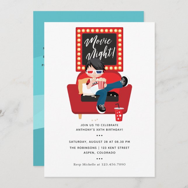 Invitación Niño Fiesta de la película de cumpleaños noche de  (Anverso / Reverso)