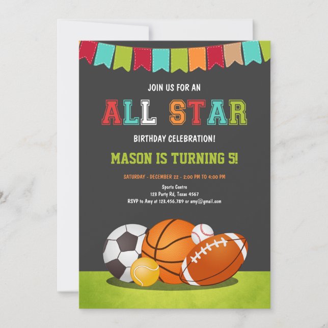 Invitación Niño Fiesta deportivo All star Béisbol Cumpleaños (Anverso)