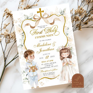 Invitación Niño floral blanco y Chica primera comunión sagrad