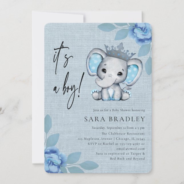 Invitación Niño Flores de elefante ruidosa en burlap bebé duc (Anverso)