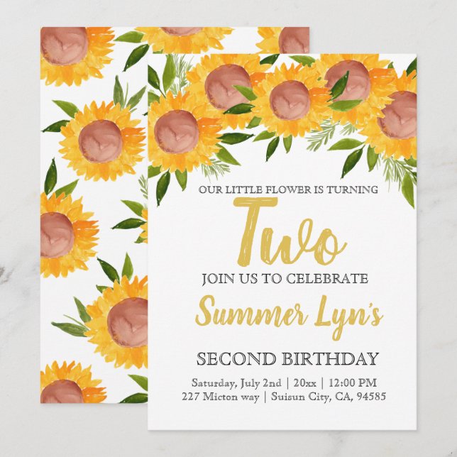 Invitación Niño florido de girasol lindo, segundo cumpleaños (Anverso / Reverso)