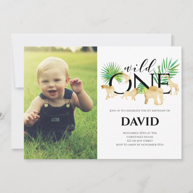 Invitación Niño foto de primer cumpleaños salvaje de una jung (Anverso)