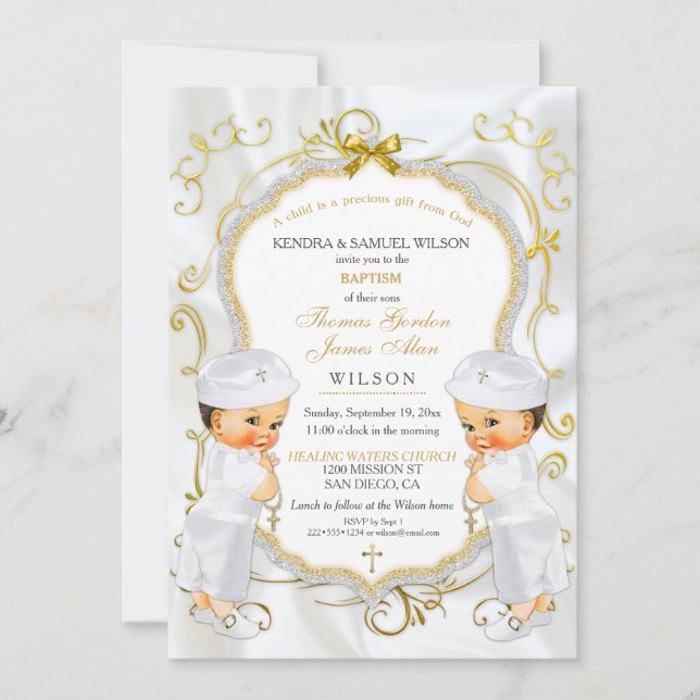 Invitación Niño gemelo bautismo Christening Gold Cruz Blanca (Anverso)