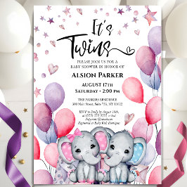 Invitación Niño gemelo Chica elefante balón lindo Baby Shower