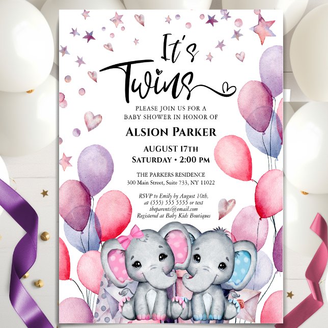 Invitación Niño gemelo Chica elefante balón lindo Baby Shower (Subido por el creador)