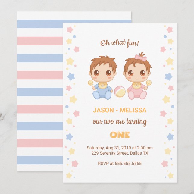 Invitación Niño gemelo Chica primer cumpleaños (Anverso / Reverso)