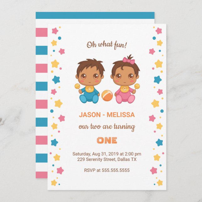 Invitación Niño gemelo Chica Primer cumpleaños 2 (Anverso / Reverso)