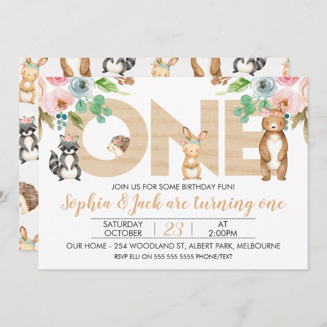 Invitación Niño gemelo Chica Woodland Primer cumpleaños Invit (Anverso / Reverso)
