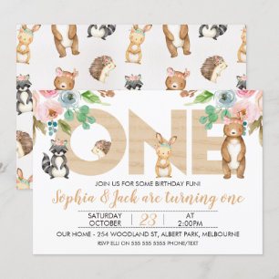 Invitación Niño gemelo Chica Woodland Primer cumpleaños Invit