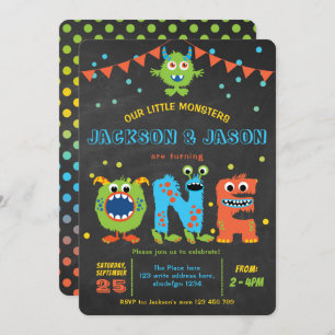 Invitación Niño gemelo fiesta de monstruos de primer cumpleañ