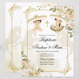 Invitación Niño gemelo mexicano blanco y dorado y bautismo Ch