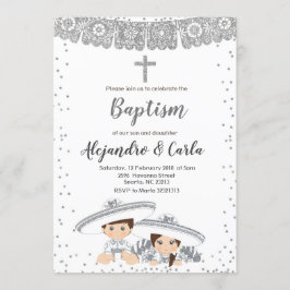 Invitación Niño gemelo plateado y bautismo Chica