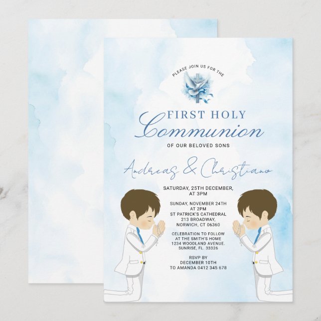 Invitación Niño gemelo rezando Primera Comunión Flores Azules (Anverso / Reverso)