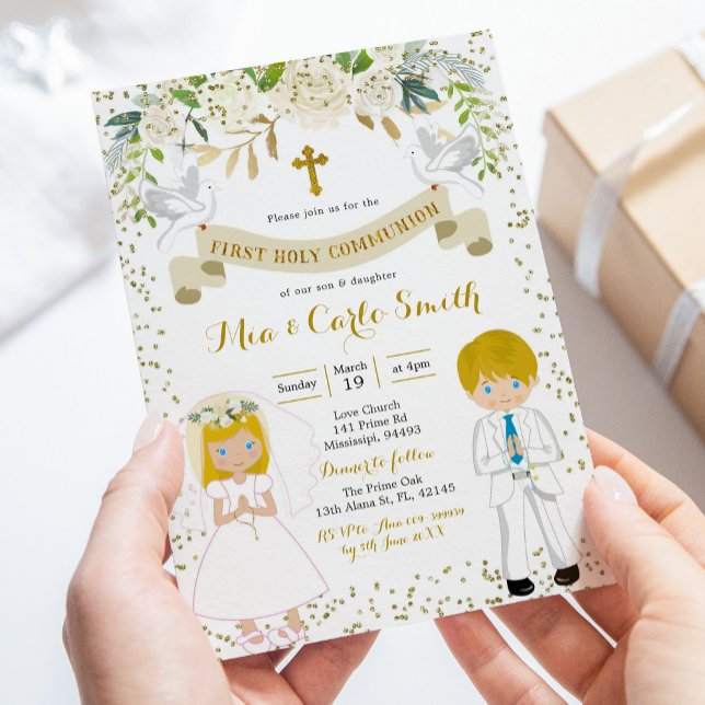 Invitación Niño gemelo rubio y Chica primera comunión sagrada (Subido por el creador)