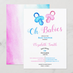 Invitación Niño gemelo y chica color agua higiénica