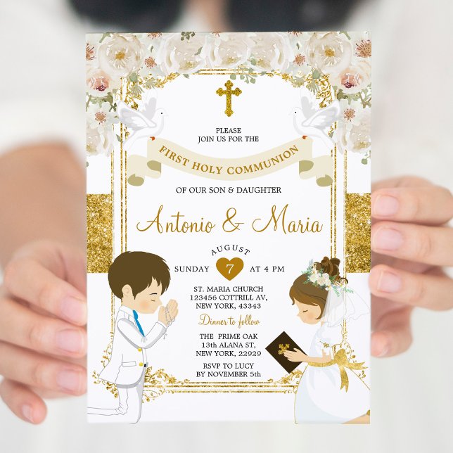 Invitación Niño gemelo y flor blanca Chica Primera Comunión S (Subido por el creador)